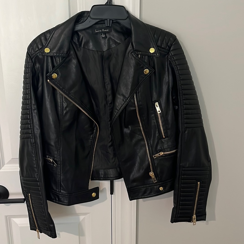 Black faux leather Moto jacket with gold